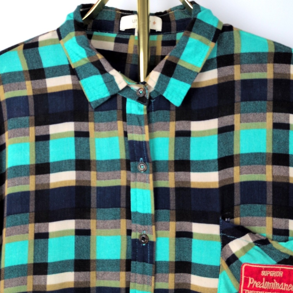 Umgee Women 1XL Tunic Shirt Teal Navy Plaid Oversized Patch High Low WA9865 - Picture 3 of 12